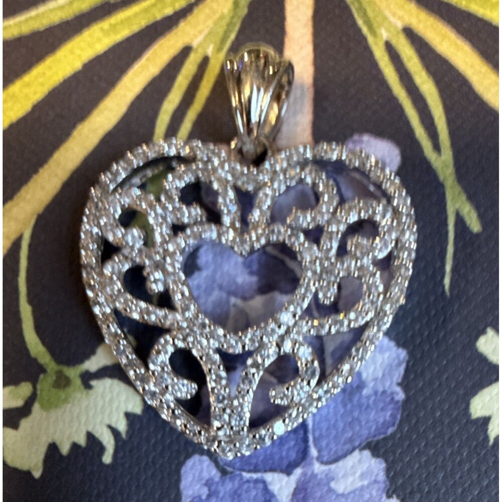 Silver Tone Heart Charm Pendant, Pavé Round White Cubic Zirconia Love